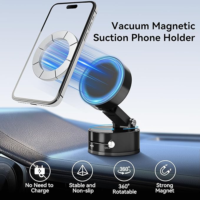 Magnetic Car Phone Mount - Ultra Strong Vacuum Suction Phone Holder for Dashboard/Windshield, Foldable 360° Adjustable Car Phone Mount Compatible with iPhone 16/15/14 & All Smartphones-817001A