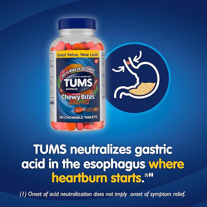 TUMS Chewy Bites Chewable Antacid Tablets for Ultra Strength Heartburn Relief, Great for a Summer BBQ- Mixed Fruit - 200 Count