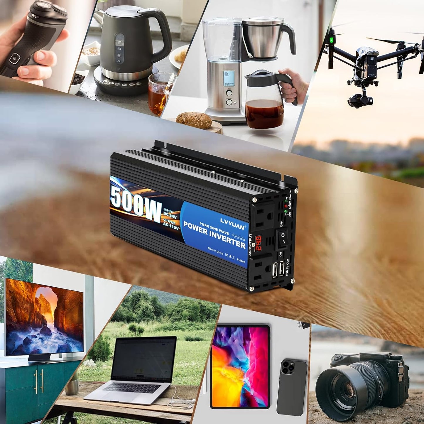 LVYUAN 500 Watt Pure Sine Wave Power Inverter 24V to 110V/120V DC to AC Converter with Dual Sockets, Dual USB Ports, LED Display for Home Outdoor RV Car Power Inverter Power Adapter