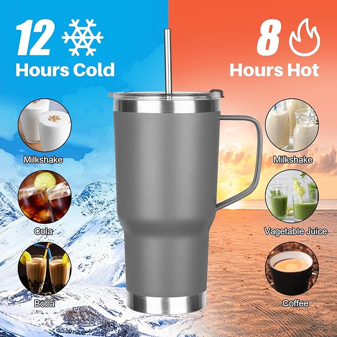 20 oz Tumbler with Handle, Stainless Steel Insulated Tumbler with Lid and Straw, Double Wall Vacuum Insulated Coffee Mug Tumbler, Insulated Coffee Thermal Cup for Cold and Hot (Grey)