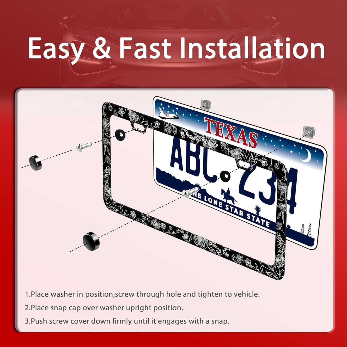 Line Art Flowers License Plate Frame Beautiful Floral License Plate Frames Funny Stainless Steel Accessories Cars Decor with 2 Holes and Screws Fits Standard Us Ca Vehicles Holder 12.2 X 6 Inch