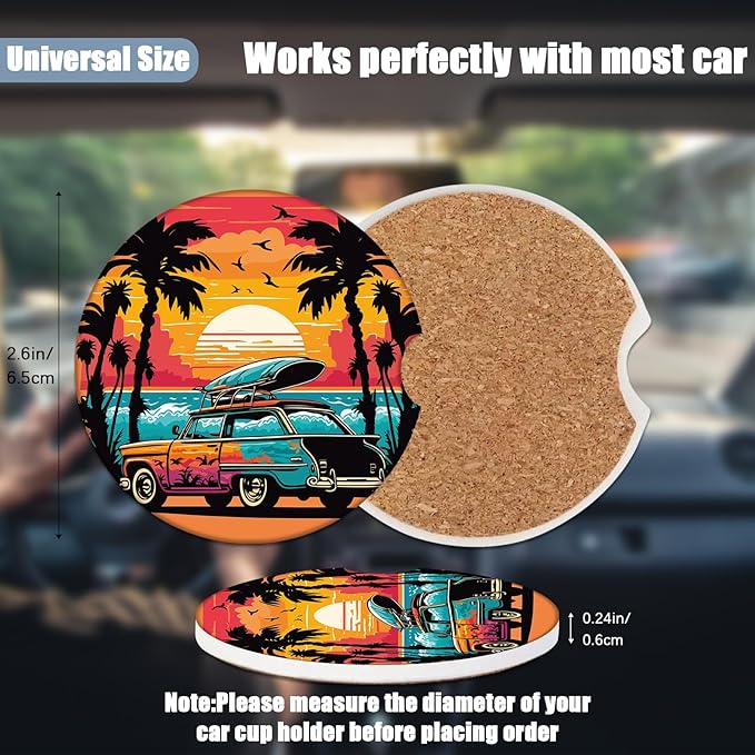 Car Cup Holder Coaster - Sunset Palm Tree Scenery Travel Absorbent Ceramic Coaster, Travel Drink Cup Holder Coasters, Auto Interior Accessories, Drink Cup Holder Coasters for Women & Men Pack of 2