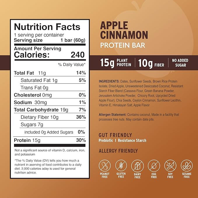 AMRITA Apple Cinnamon Vegan Protein Bars – 15g Plant-Based Protein – Gluten, Soy, Peanut & Dairy-Free – High Fiber, Low Sugar Meal Replacement Bars – Ideal Breakfast, Snack, or Energy Boost