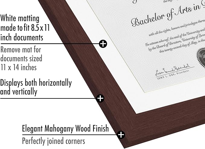 Americanflat 11x14 Diploma Frame in Mahogany - Displays 8.5x11 With Mat and 11x14 Without Mat - Composite Wood with Shatter Resistant Glass - Horizontal and Vertical Formats for Wall