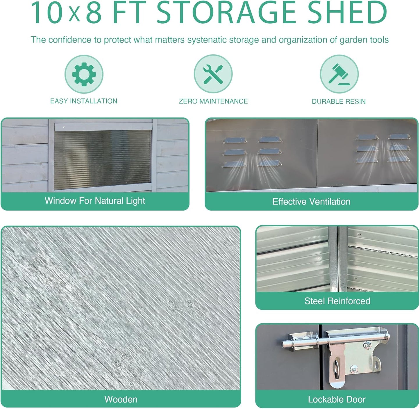 8x10 FT Outdoor Storage Shed with Windows, Wood & Metal Garden Shed, Outside Storage Shed Waterproof for Backyard, Garden, Patio, 4 Vents (Without Floor) Gray