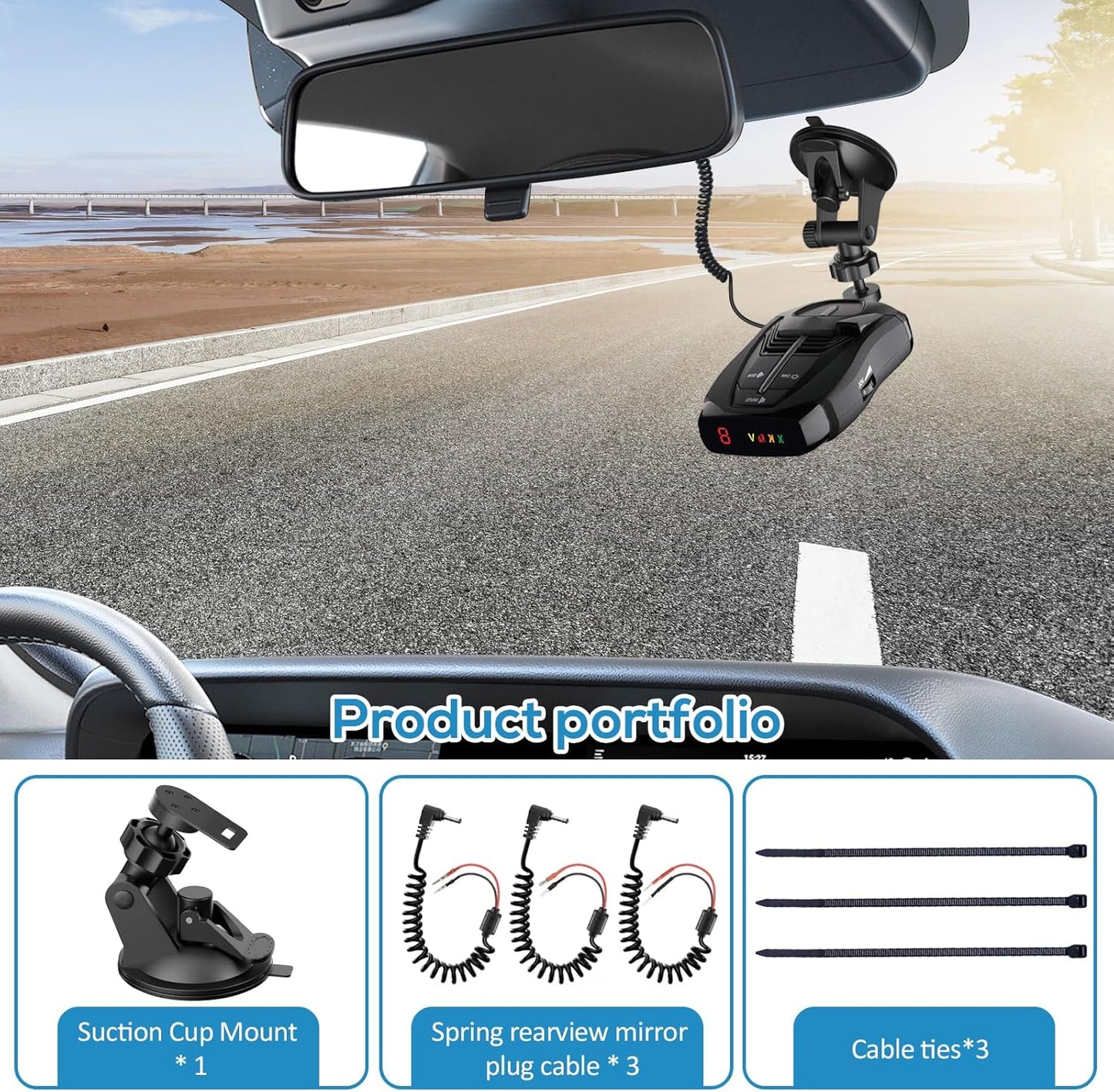 Radar Detector Mount Kit – Super Strong Suction Cup Windshield Holder + Magnetic Ring Power Cord with Inline Fuse, Rearview Mirror Plug & Elastic Cable – Easy Install, No-Slip(for Cobra Radar)