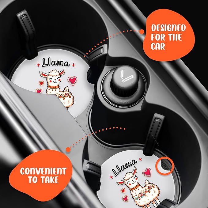 2 Pack Llama Car Cup Holder Coaster, Cute Car Interior Accessories Drink Coaster for Women & Men, Llama Lovers Themed Gifts Stuff Accessories Things Merchandise Items!