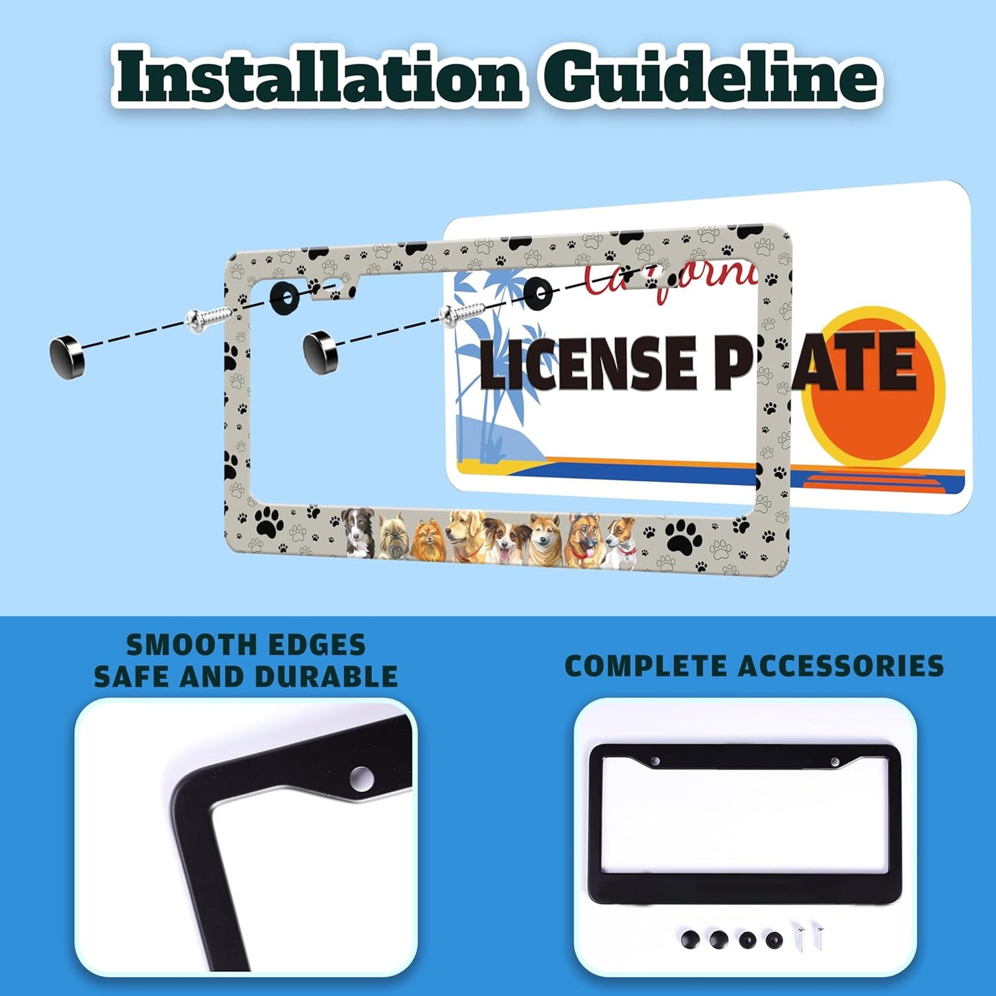 Dog License Plate Frame Pet Paw Prints Stainless Steel License Plate Holder for Front or Rear Car Tags Funny for Car Decoration Accessories with Screws 6.3 X 12.2 in for Women Men