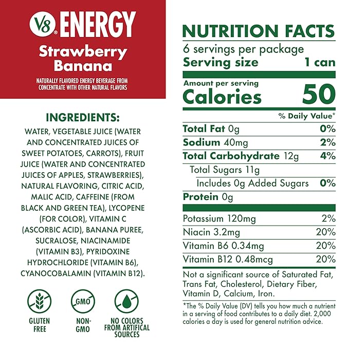 V8 +ENERGY Strawberry Banana Energy Drink, Made with Real Vegetable and Fruit Juices, 8 FL OZ Can (Pack of 6)