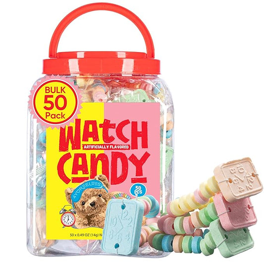 50 Candy Bracelet Watches Individually Wrapped, Taste Nostalgia with our Playful and Delicious Candy Jewelry, Perfect for Party Favors, Goody Bags and Birthdays, by 4YoreElves, Pack of 50 x 0.42oz