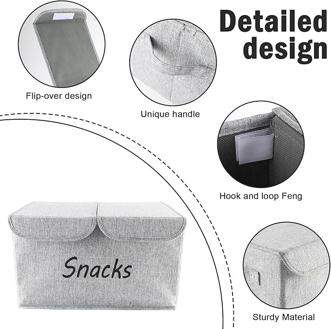 Snack Organizer for Pantry Shelf, Fabric Snack Organizer with Double Lids & Handles, Large 2-Compartment Snack Bin Snack Holder, Snack Basket for Chips Packets, Snack Bar Station Decor-Grey