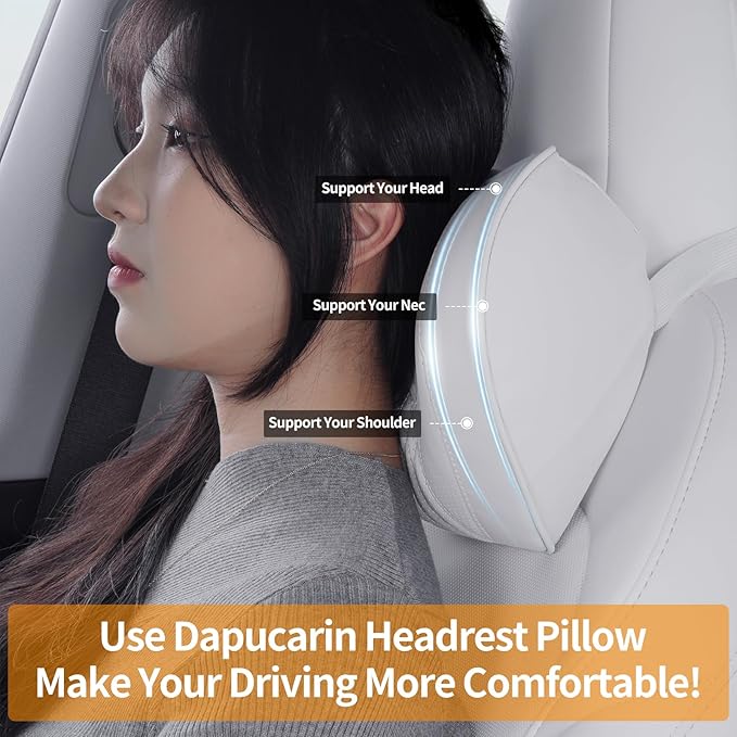 Car Neck Pillow Memory Foam Premium Leather Headrest Neck Support Cushion Universal for Driving Home Office, White,1PC
