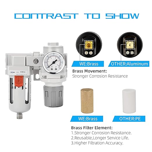NANPU 1/2" NPT Compressed Air Filter Regulator Combo Piggyback, 5 Micron Element, Poly Bowl, Semi-Auto Drain, Bracket, Gauge (ARF4000)