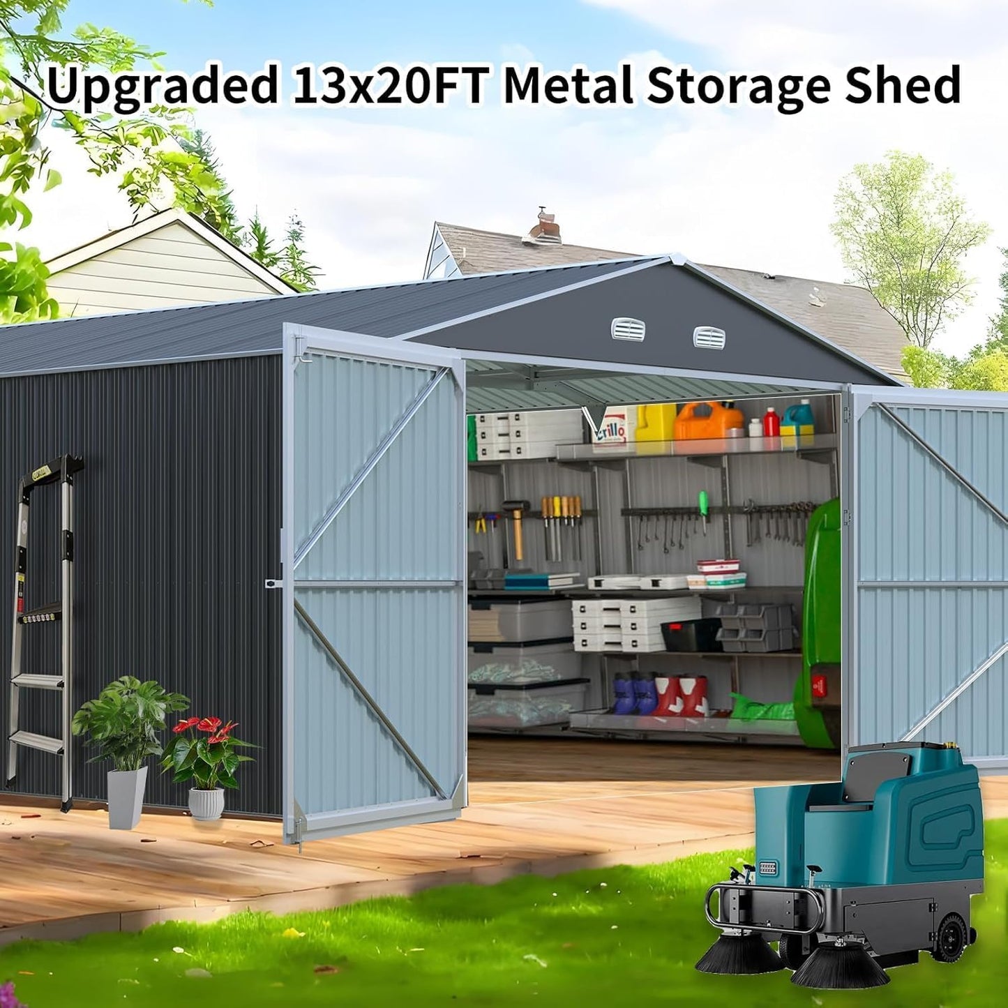 LANTRO JS Sheds & Outdoor Storage, 13x20ft Large Outdoor Metal Garage Shed, Heavy Duty Metal Shed with 2 Doors and 4 Vents Without Floor
