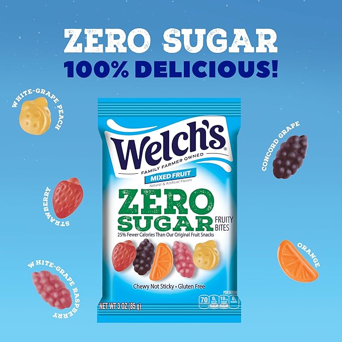 Welch's Zero Sugar Fruity Bites, Mixed Fruit Snack Box, Gluten Free & Sugar Free Snacks, 3oz Snack Packs (Pack of 6)