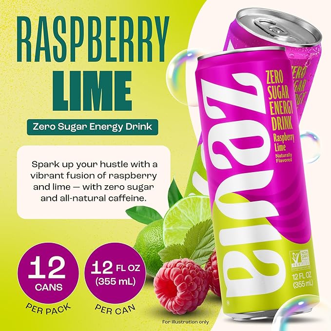 Zevia Zero Sugar Energy Drink, Raspberry Lime, 12 oz Cans (12-Pack) – Naturally Sweetened, Zero Calorie Sugar Free Energy - Non-GMO Project Verified, Gluten-Free, Vegan