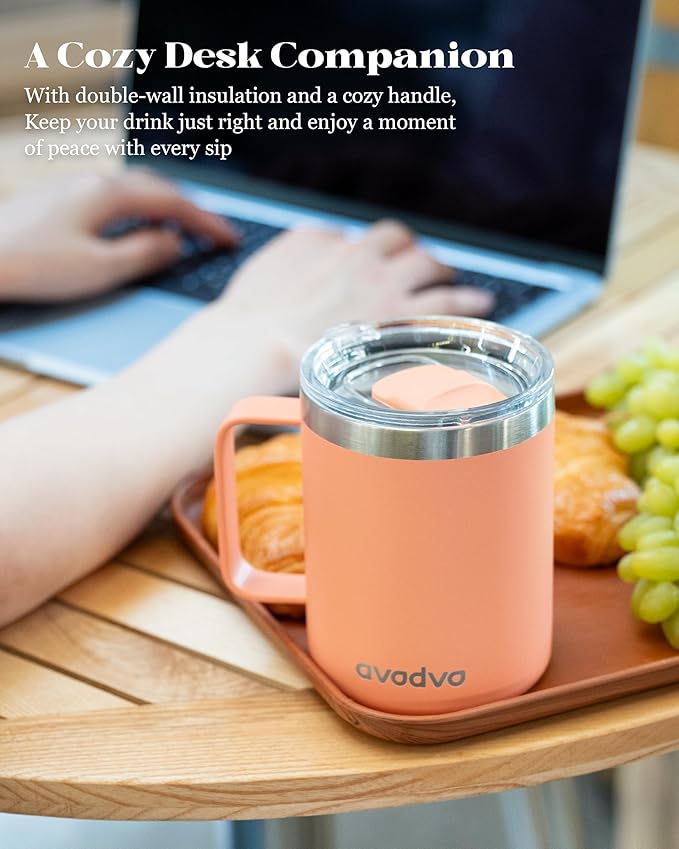 12oz Insulated Coffee Mug with Lid – Includes Two Lids, Stainless Steel Coffee Travel Mug with Handle, Double Wall Vacuum Insulated Camping Mug for Home, Office & Outdoor, Orange