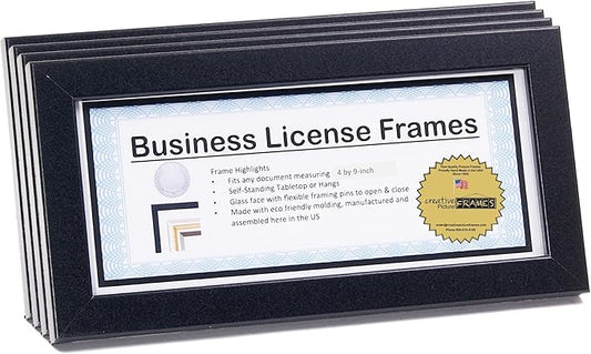 Creative Picture Frames 4-5X9Bk Black Business License Certificate Frames For Professionals 3.5 By 8.5-Inch Self Standing Easel