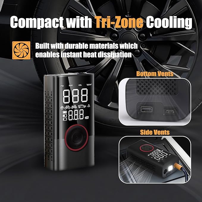 Tire Portable Air Compressor, Max 150PSI Cordless tire inflator with a digital pressure gauge, auto shut-off & LED light. Compact pump for car, bike, motorcycle, and ball