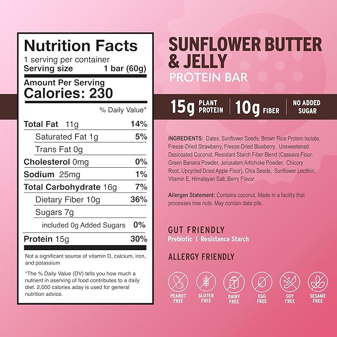 Amrita Nut Free Vegan Protein Bars (12 CT) | Sunflower Butter & Jelly 15g Plant-Based Protein Bar | Peanut-Free, Gluten Free, and Dairy-Free | No Added Sugar, High Fiber,Healthy Snacks for Kids/Adults