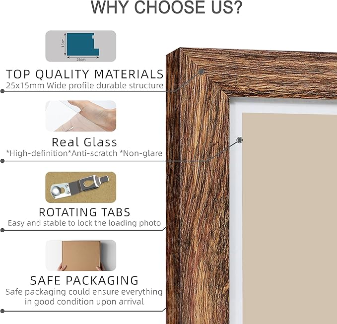 12x12 Picture Frame Set of 4 - Made of Glass and Rustic Brown Wooden Frame, Display Square Pictures 10x10 with Mat or 12 x 12 without Mat, Desktop & Wall Collage Photo Frame