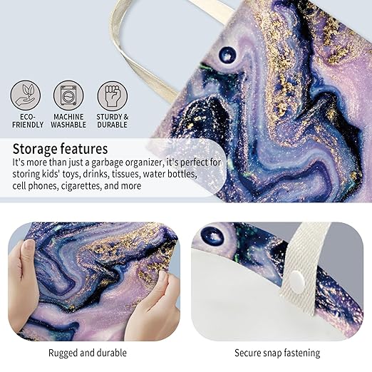 Car Trash Can, Hanging Garbage Bin for Men and Women, Cute Car Organizer and Storage Bag, Canvas Vehicle Trash Can Bag Easy-to-Install Luxuious Purple Marble