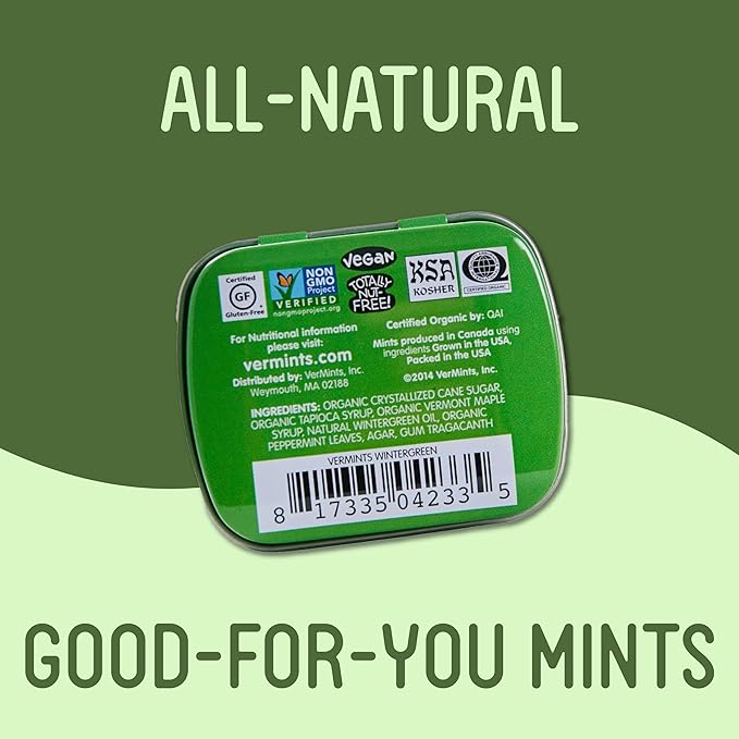 VerMints Organic Breath Mints Wintergreen - Real Long-Lasting Refreshment, Travel Size Tin - Non-GMO, Vegan, Nut Free, Gluten Free & Kosher Organic Candy Mints- .63oz/18g Tins (Pack of 12)