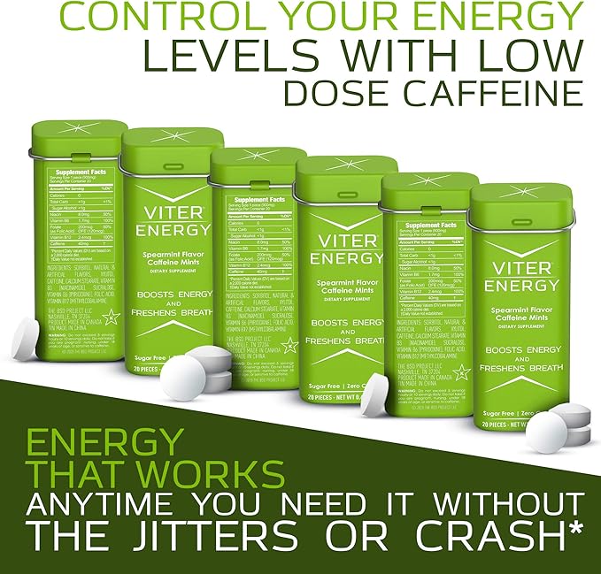 Viter Energy 40mg Caffeine Mints - Sugar Free, B Vitamins, Vegan, Boosts Fast Energized Alert Focus, Caffeinated Nootropic Supplement Pills (Spearmint Flavor, 20pcs, 6 Pack, 120pcs Total)
