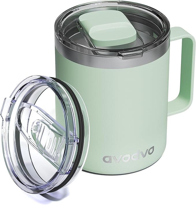 12oz Insulated Coffee Mug with Lid – Includes Two Lids, Stainless Steel Coffee Travel Mug with Handle, Double Wall Vacuum Insulated Camping Mug for Home, Office & Outdoor, Mint Green