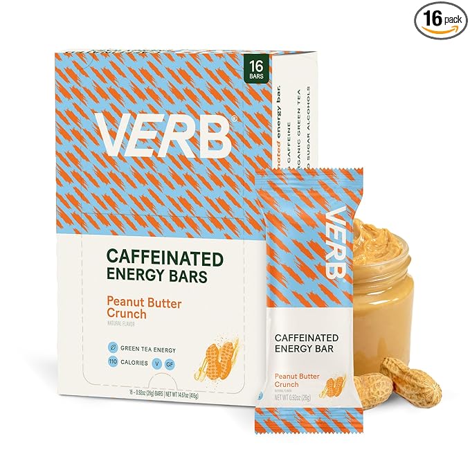 Verb Caffeinated Energy Bars Peanut Butter Cookie (26g, Pack of 16) 110-Calorie Delicious Energy Bar - Vegan Gluten Free On-the Go Snack with 80mg Green Tea Caffeine, Only Real-Food Ingredients
