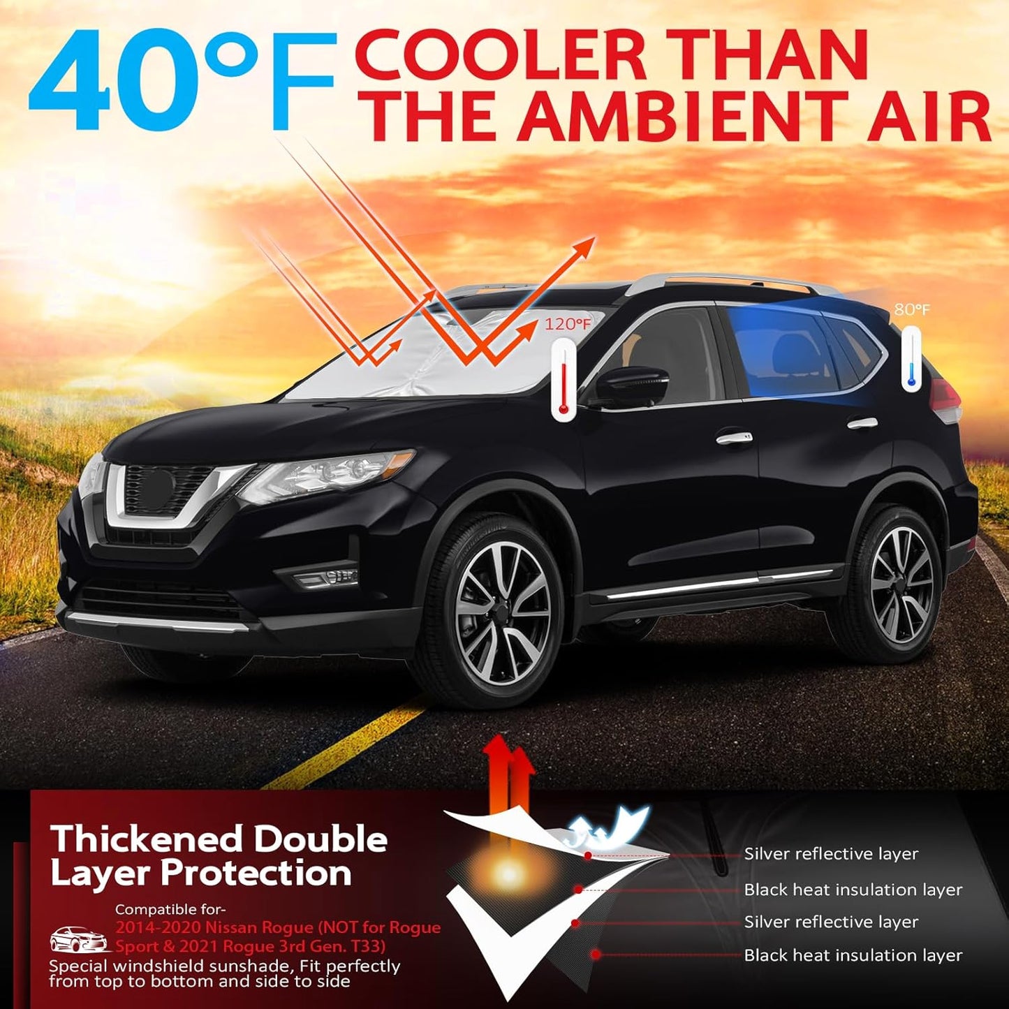 KAYZT Windshield Sun Shade for 2014-2020 Nissan Rogue (NOT for Rogue Sport & Rogue 3rd Gen) SUV Foldable Sunshade Front Window Custom Fit Car Accessories