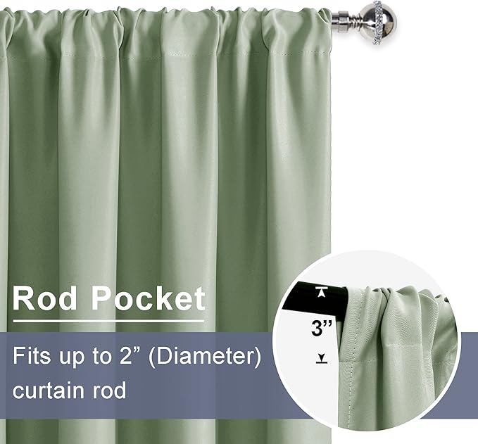 JIUZHEN Blackout Curtains for Bedroom - Thermal Insulated Room Darkening Noise Reducing, 52 x 45 Inch Length Curtains for Living Room, Set of 2 Panels with Tiebacks, Light Green