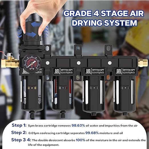 NEWPO 1/2'' NPT 4 Stage Air Dryer for Compressor,Air Drying System, Filter Regulator Dryer Combo for Plasma Cutter and Paint Spray,Semi-Auto Drain (Black)