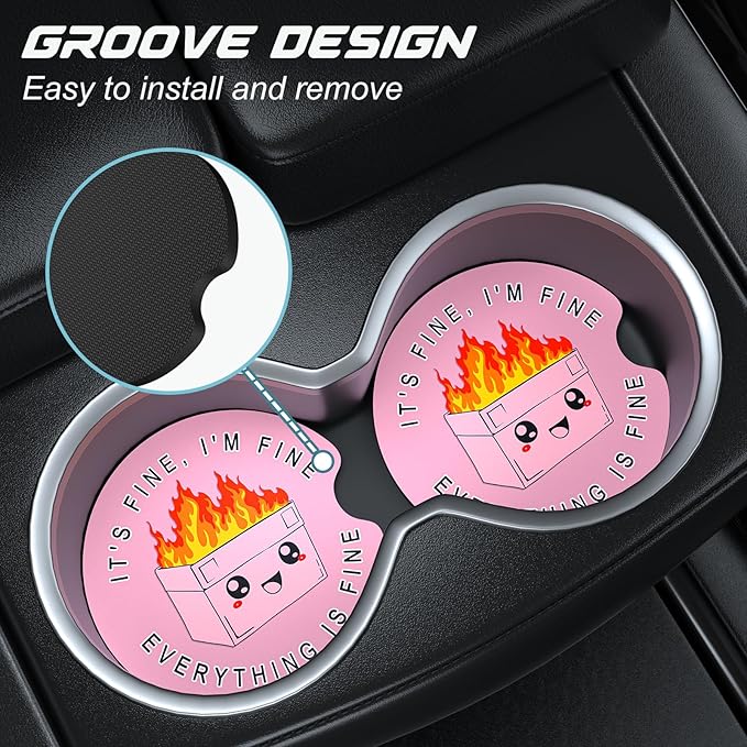 Car Cup Holder Coasters, 2 Pack Universal Auto Anti Slip Insert Coaster with A Finger Notch, Cute Car Assecories for Women Men, Cup Mat for Most Interior, Pink Cute Dumpster