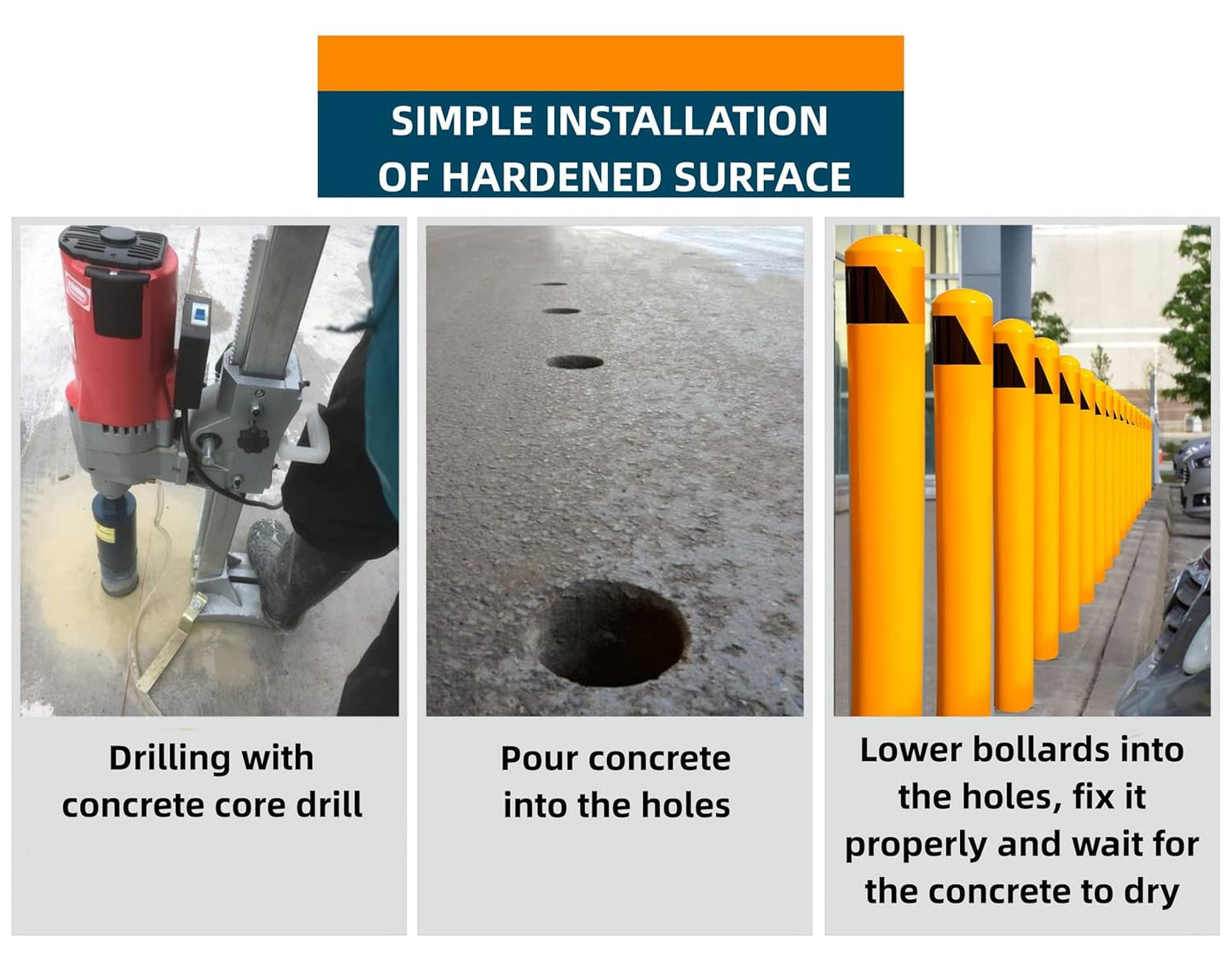 58" High 5-1/2" OD Steel Bollard Post Underground Mount, Cap Removable Safety Bollard Yellow Powder Coat, Metal Bollard Parking, Safety Barrier