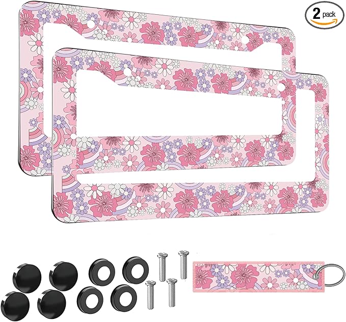2pcs Hibiscus Rainbow Floral Flower License Plate Frame for Women,Inspirational Pink Florals car Decorative tag Frames Girly,hot Pink Hibiscus Floral Flower License Plate Cover Holder for Vehicle