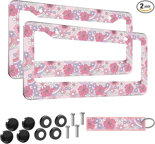 2pcs Hibiscus Rainbow Floral Flower License Plate Frame for Women,Inspirational Pink Florals car Decorative tag Frames Girly,hot Pink Hibiscus Floral Flower License Plate Cover Holder for Vehicle