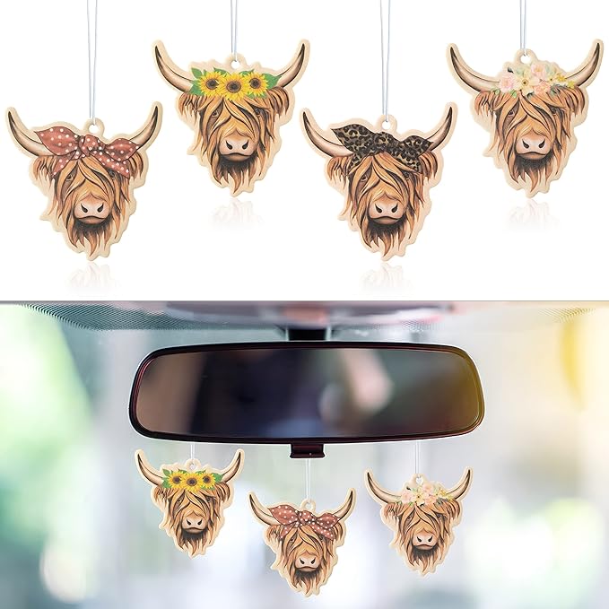 ANGOLIO 4Pcs Highland Cow Air Freshener Car Hanging Gifts for Women Funny Highland Cow Print Car Accessories Hanging Ornament Vent Decoration Aromatic for Party Supplies