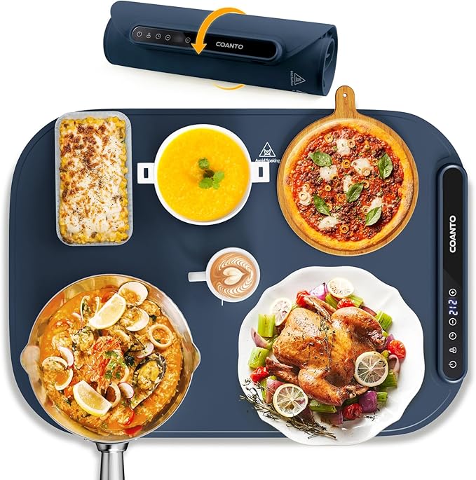 Coanto Food Warming Mat, Electric Warming Tray for Buffets & Parties, Silicone Heating Mat with 7 Temperature Settings, Roll-Up Storage, 17.91"x12.8", Blue