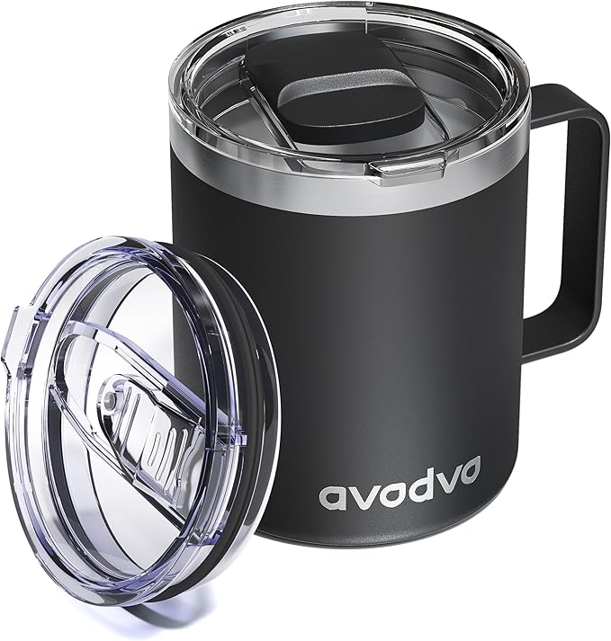 12oz Insulated Coffee Mug with Lid – Includes Two Lids, Stainless Steel Coffee Travel Mug with Handle, Double Wall Vacuum Insulated Camping Mug for Home, Office & Outdoor, Black