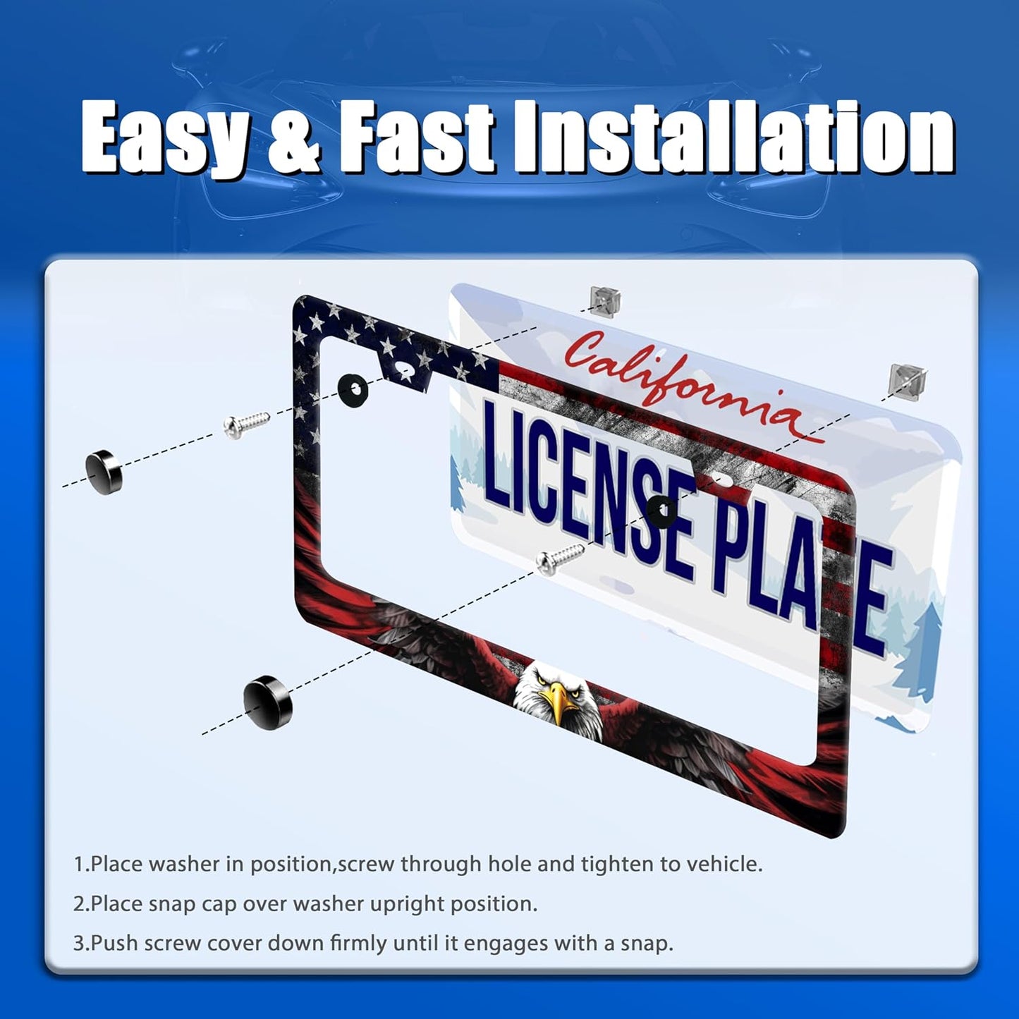 American Flag Eagle Patriotic License Plate Frame USA Flag License Plate Stainless Steel Funny License Plate Holder for Men Women Colorful Car Accessories Decoration 12.3" x 6.3"
