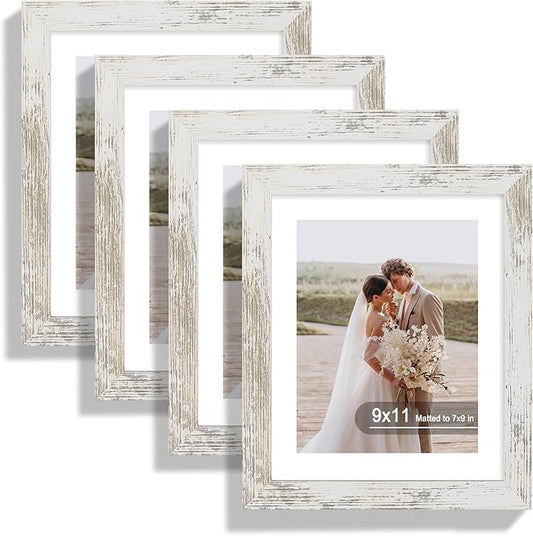 9x11 Picture Frame Set of 4, Made of Real Glass and Distressed White Frame - Display Picture 7x9 with Mat or 9x11 Without Mat, 9 by 11 Photo for Wall or Tabletop
