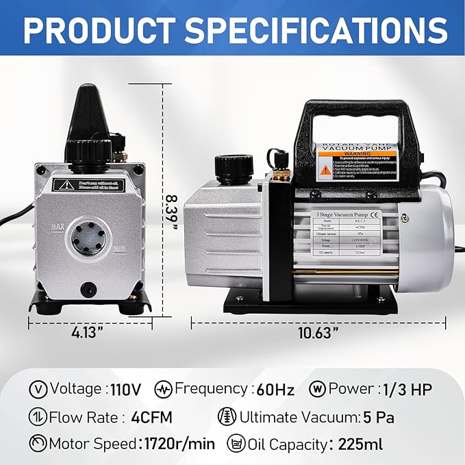 SUNROAD HVAC Air Vacuum Pump Set, 4 CFM 1/3HP A/C Refrigeration AC Manifold Gauge Kit for R410A R134a R12 R22 R502 Auto Air Conditioning Refrigeration Recharging