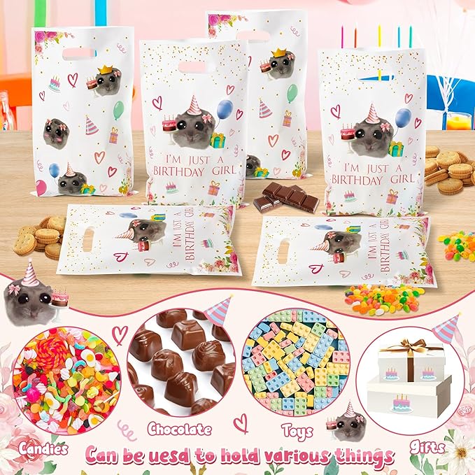 50Pcs Hamster Party Favor Bags, Sad & Cute Hamster Themed Goodies Candy Treat Bags Party Decorations for Girls Birthday Baby Shower Animals Themed Activities Supplies