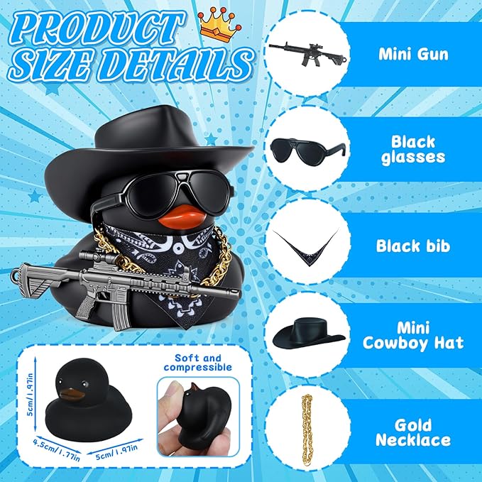 BOZILY Black Cowboy Cool Rubber Duck Car Dashboard Decoration with Hat, Sunglasses, Bandana, Necklace, Gun Model& Adhesive Tapes - for Car Accessories