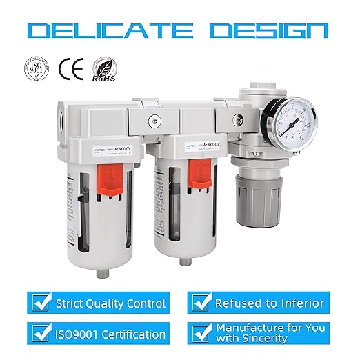 NANPU DFR-03 3/8" NPT Air Drying System - Double Air Filters, Air Pressure Regulator Combo - Semi-Auto Drain, Poly Bowl