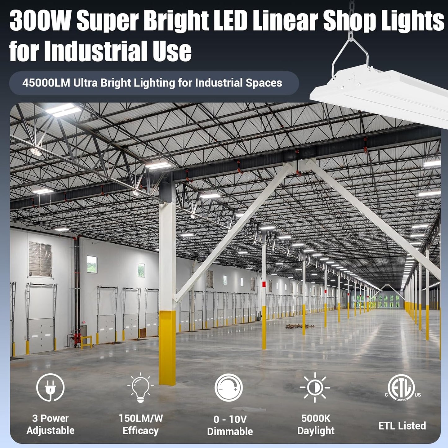 LED Linear Shop Lights 300W, 45000LM Led High Bay Lights 5000K Daylight 120-277V,Led Garage Light for Shop Workshop Store Commercial Supermarket Warehouse Basement Exhibition Room ETL-2Pack