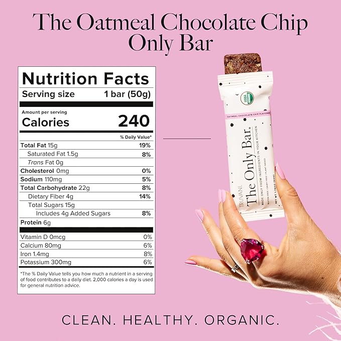 Truvani Plant Based Snack Bars | Oatmeal Chocolate Chip 12 Pack | 6g Protein | USDA Organic and Vegan | The Only Bar | Dairy, Soy, and Gluten Free | Individually Wrapped