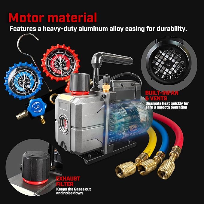 XtremepowerUS Vacuum Pump R134a R22 R32 R410A A/C Refrigeration with Manifold Gauge Can Tap Set Carrying Bag (Gen2, 4.5 CFM)