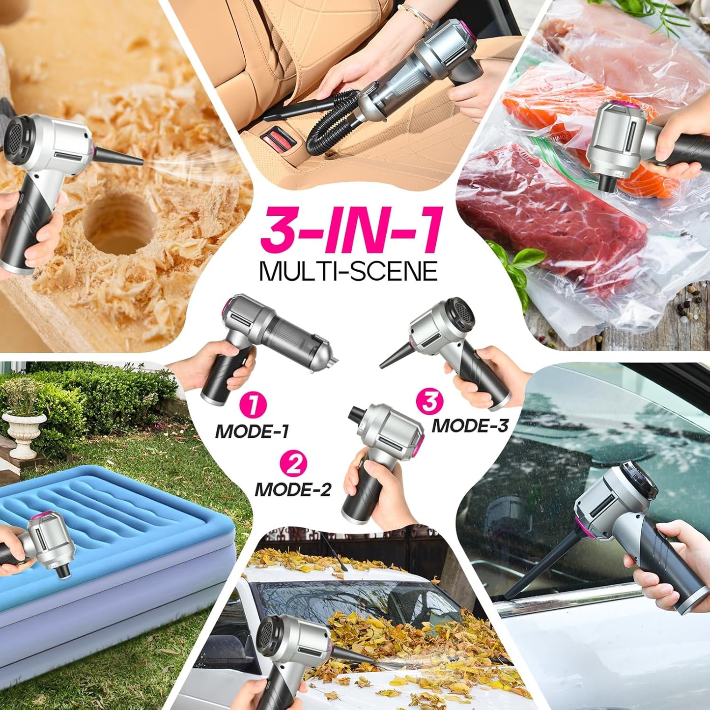 PeroBuno Car Vacuum Portable Cordless, 18000PA Suction, 3-in-1 Foldable Handheld Vacuum & Air Duster with Brushless Motor, 40mins Runtime, One-Click Dust Removal for Car Home Cleaning